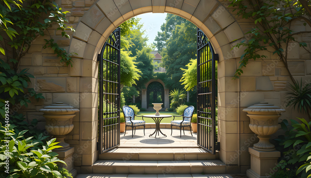 Fototapeta premium Garden view with arch, table and chair
