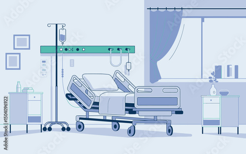 Modern hospital room illustration featuring an adjustable bed and medical equipment