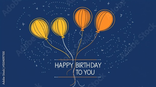 Minimalist vector line art birthday design with blue background, two balloons, sparkles, and ‘HAPPY BIRTHDAY TO YOU’ text in flat high-resolution style.