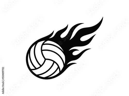 Dynamic black silhouette illustration of a fiery volleyball in motion on white background