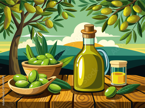 vector of Green olives and olive oil in a rustic setting with fresh tree leaves on a wooden table