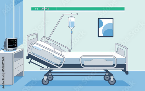 Modern hospital room illustration showcasing a bed with a medical drip and monitoring device.