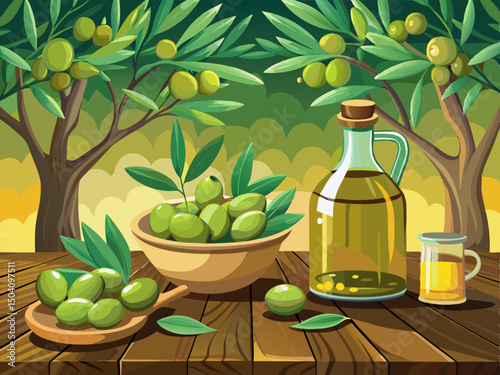 vector of Green olives and olive oil in a rustic setting with fresh tree leaves on a wooden table