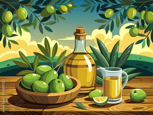 vector of Green olives and olive oil in a rustic setting with fresh tree leaves on a wooden table