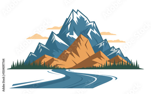 Scenic mountain landscape with road and trees illustration in minimalist style