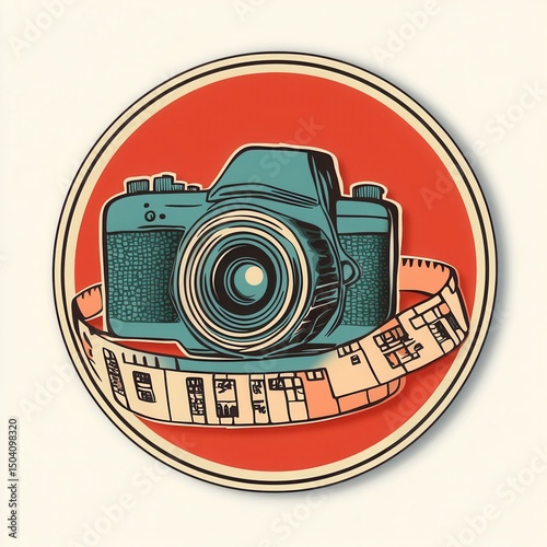 enamel badge with camera and film strip, photography theme, retro vector design