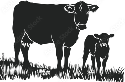 Silhouette of a Cow and Calf Standing in a Grassy Field