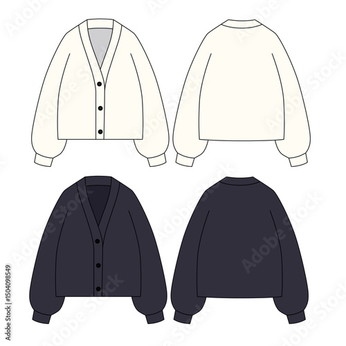 Set of vector illustrations of cardigan with 3 buttons, front and back view. Sketch of sweater with v-shaped neckline. Sketch of a woman's sweater made of knitted fabric in white, black colors.