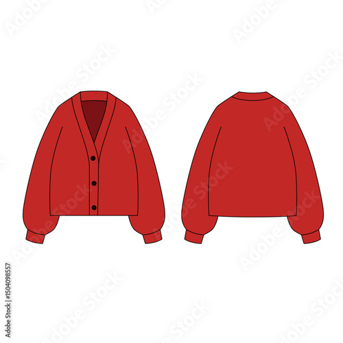 Vector illustration of red color cardigan with buttons, front and back view. Drawstring sweater with long sleeves, c-shaped neckline with 3 buttons. Sketch of a basic knit sweater for women.