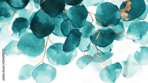 Teal eucalyptus leaves with gold accents on a white background.