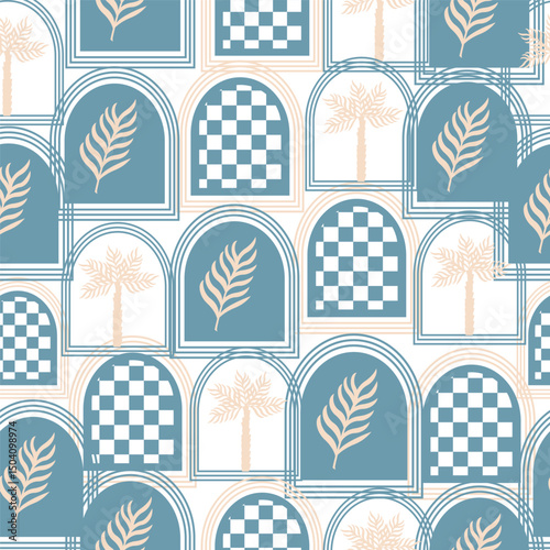 Mobile Summer  seamless pattern tropical  palm tree with checkered in arch modern vector summer  geometric print for wallpaper, textile design , repeat background .