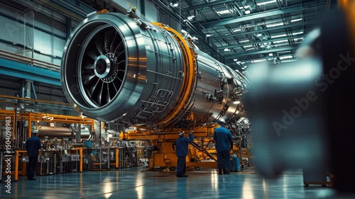 Workers in factory assembling jet engine, industry, manufacturing, technology, engineering, assembly line, mechanics.