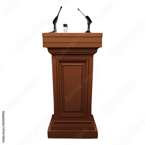 Isolated on white, an antique microphone stands ready on a wooden podium for a speech or conference