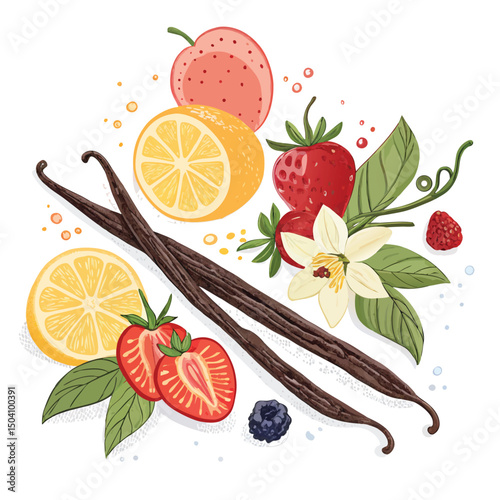 Delicious Summer Fruit and Vanilla Bean Illustration