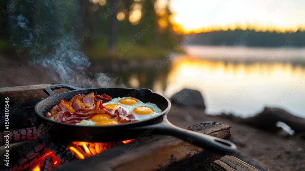 Enjoying a campfire breakfast with sizzling bacon and eggs by the lakeside at dawn surrounded by nature's tranquility Enjoying a campfire breakfast with sizzling bacon and eggs by the lakeside at dawn surrounded by nature's tranquility