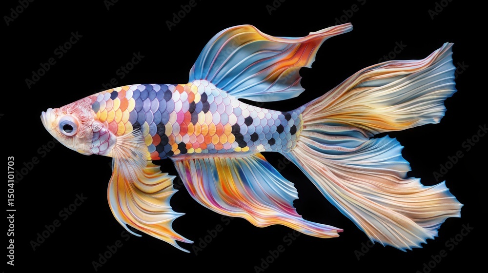 Fototapeta premium Colorful tropical fish with vibrant scales and flowing fins swimming on dark background. Bright patterns and striking colors showcase beauty and elegance of marine life