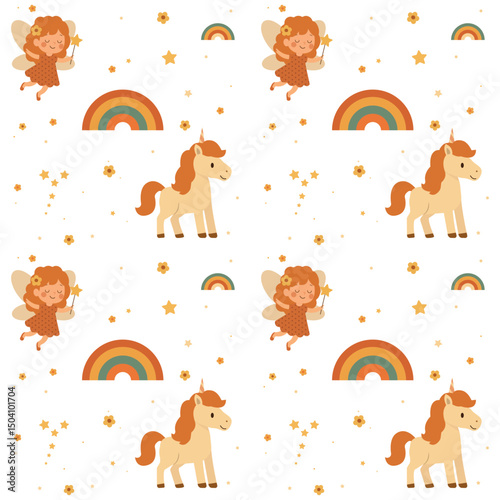  Repeating patterns with cute fairy with magic wand . Unicorn and rainbow