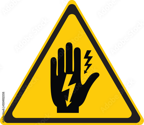 electrical hazard warning sign with hand and lightning bolt symbol on yellow triangle caution board