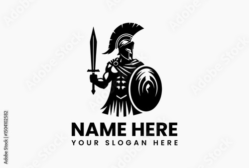 Bold Spartan hoplite armed with sword and circular shield vector logo. Warrior heritage symbol  