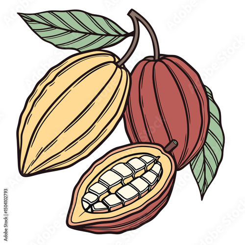 Cocoa Beans Illustration of Cacao Pods, Seeds, and Leaves