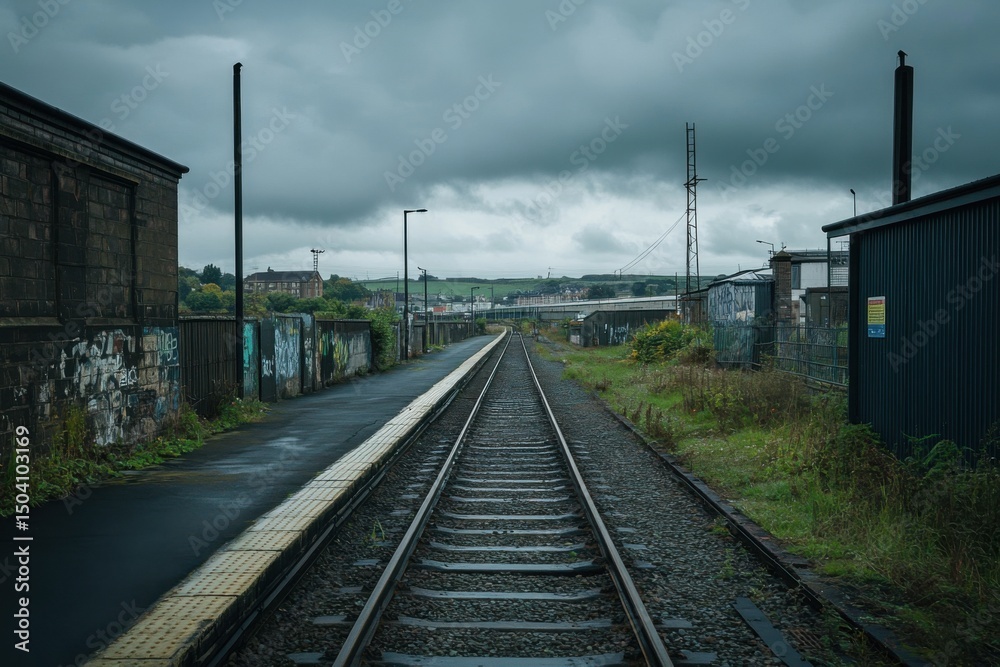 Fototapeta premium A railway track stretches into the distance under a cloudy sky with buildings on either side of the track