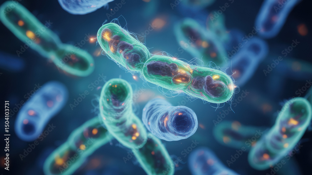 Obraz premium Glowing gut bacteria in microscope view, symbolizing the link between probiotics and mental health.