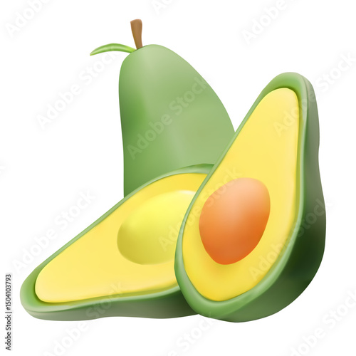 Vector 3D illustration of fresh avocado: a whole fruit and two halves - one with a pit, the other with a notch from it