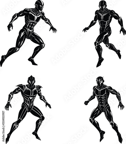 Black superhero characters silhouette illustrations set on white background