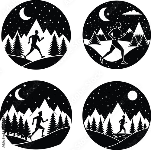 Night trail runners mountain landscape adventure badges silhouette monochrome design