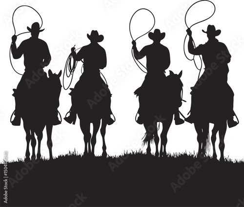 Silhouette of Four Cowboys on Horses with Lassoes in the Air