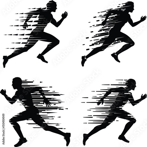 Black silhouette runners with speed lines sport and fitness illustration