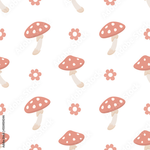Seamless pattern with red mushrooms and flowers