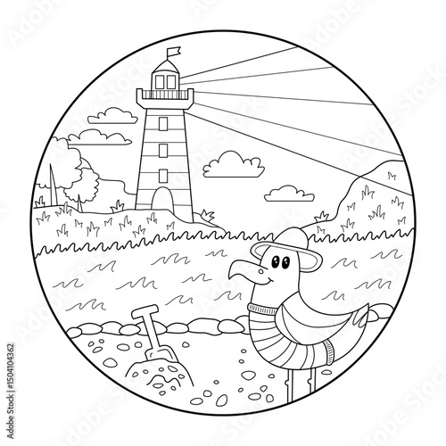Coloring book art with lighthouse and seagull