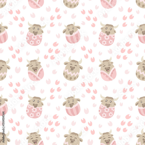 Seamless pattern with cute baby bulls