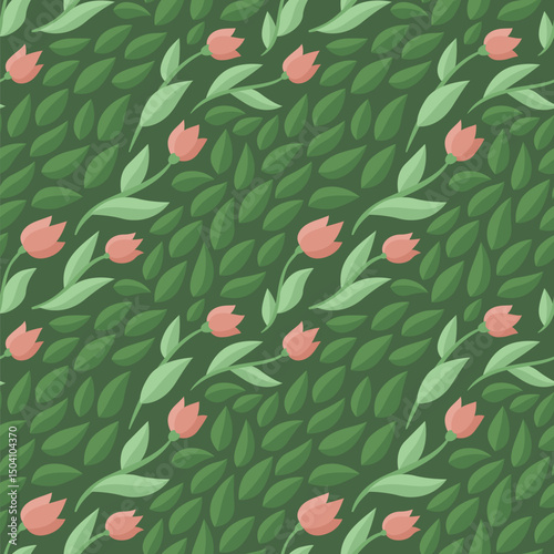 Seamless pattern with red tulips and leaves