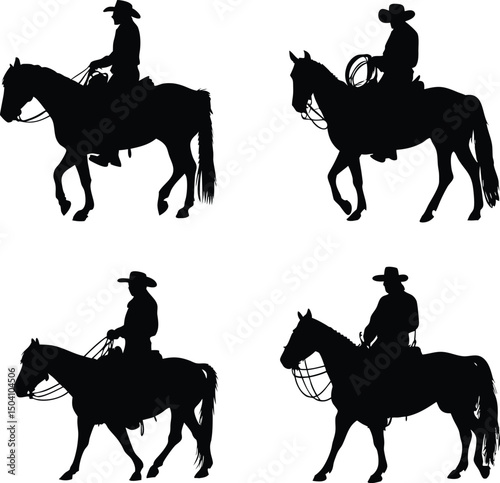 Silhouetted Cowboys on Horseback in Various Poses on White Background
