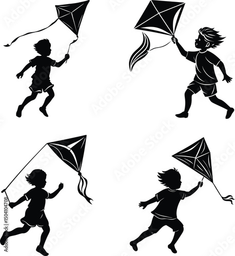 Children playing with kites silhouettes joyful childhood outdoor activities leisure time