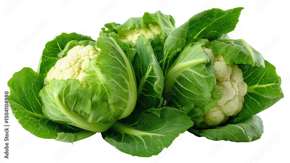 Obraz premium Top view of freshly harvested cauliflower heads with vibrant green leaves perfect for farm-to-table visuals, fresh produce marketing, and healthy food designs