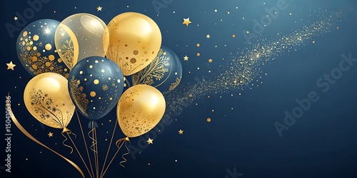 Elegant gold and navy blue balloons with glitter