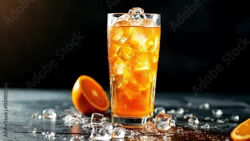 Ice clinking in glass of sparkling orange soda