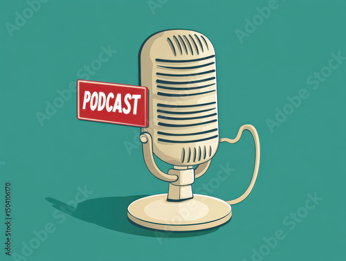 Podcast Mic: A vintage microphone with a PODCAST sign on a blue-green background, with a touch of nostalgia and a nod to contemporary media.