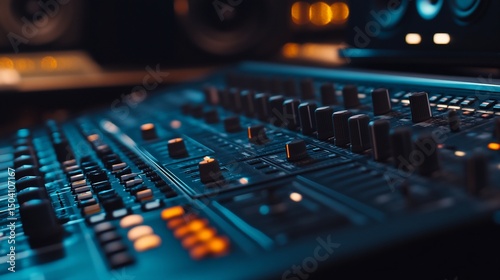 Close up shot of a professional audio mixing console in a dark recording studio
