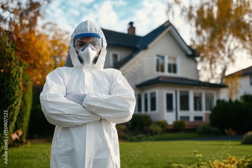 Professional in full protective suit and respirator mask standing confidently outdoors near residential building. Concept of safety, decontamination, biohazard protection, or pest control. Banner