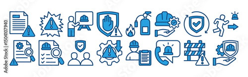 Industrial safety icon set with hazard, risk, management, accident, prevention, protection, equipment, workplace, incident report, training and emergency.