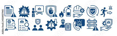 Industrial safety icon set with hazard, risk, management, accident, prevention, protection, equipment, workplace, incident report, training and emergency.