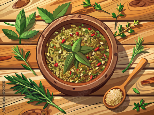 vector of Top view background of dried Italian herb seasoning in a rustic wooden container