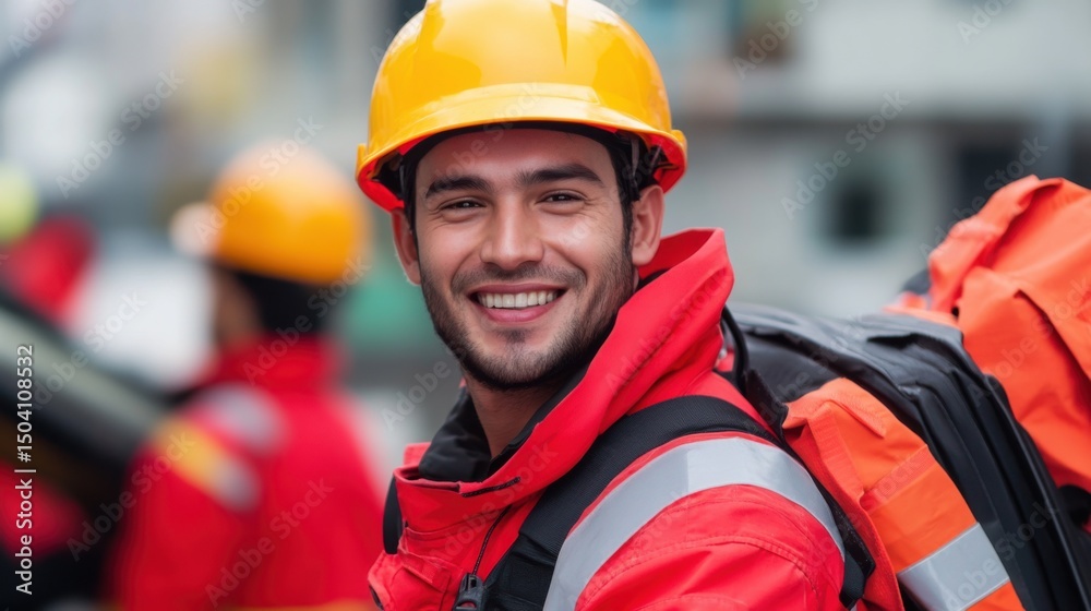 Obraz premium Smiling Worker in Safety Gear with Hard Hat at Construction Site