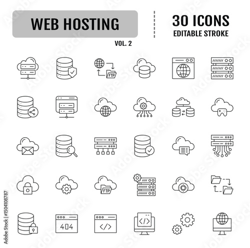 Web hosting line icon set. Containing server, cloud computing, database, data center and more.. Editable stroke. Vector illustration