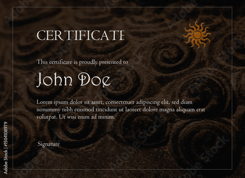 Rustic Spiral Patterned Award Certificate Template with Sun Emblem for Cultural Recognition