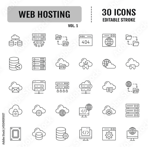 Web hosting line icon set. Containing server, cloud computing, database, data center and more.. Editable stroke. Vector illustration